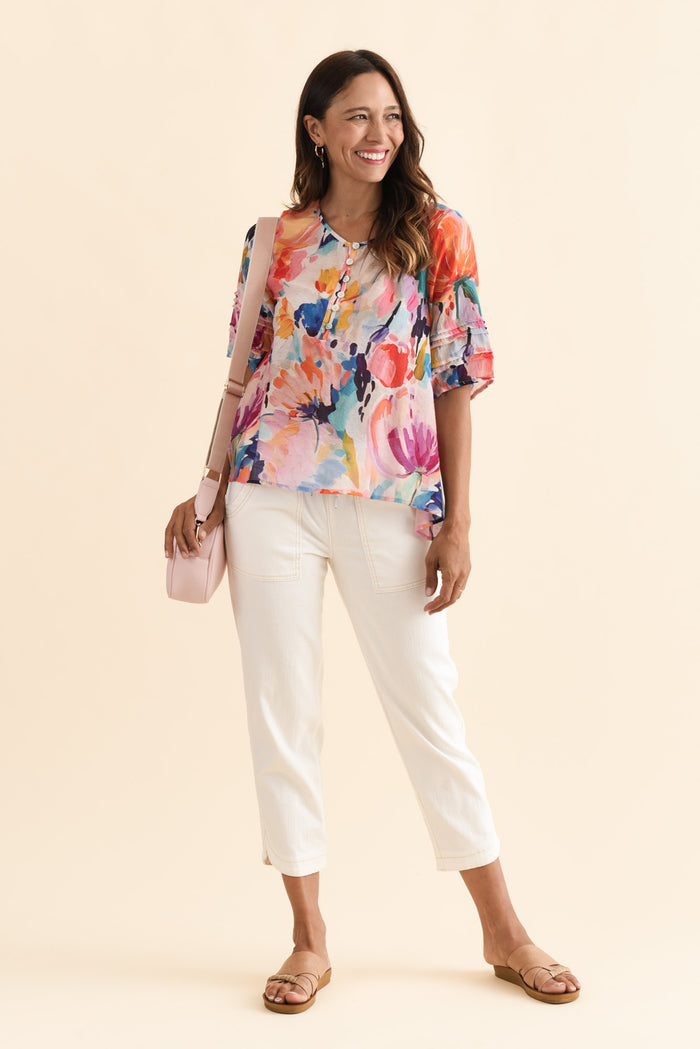 Paden Orange Floral Button Top,Brunette model,alt text|model:Cara