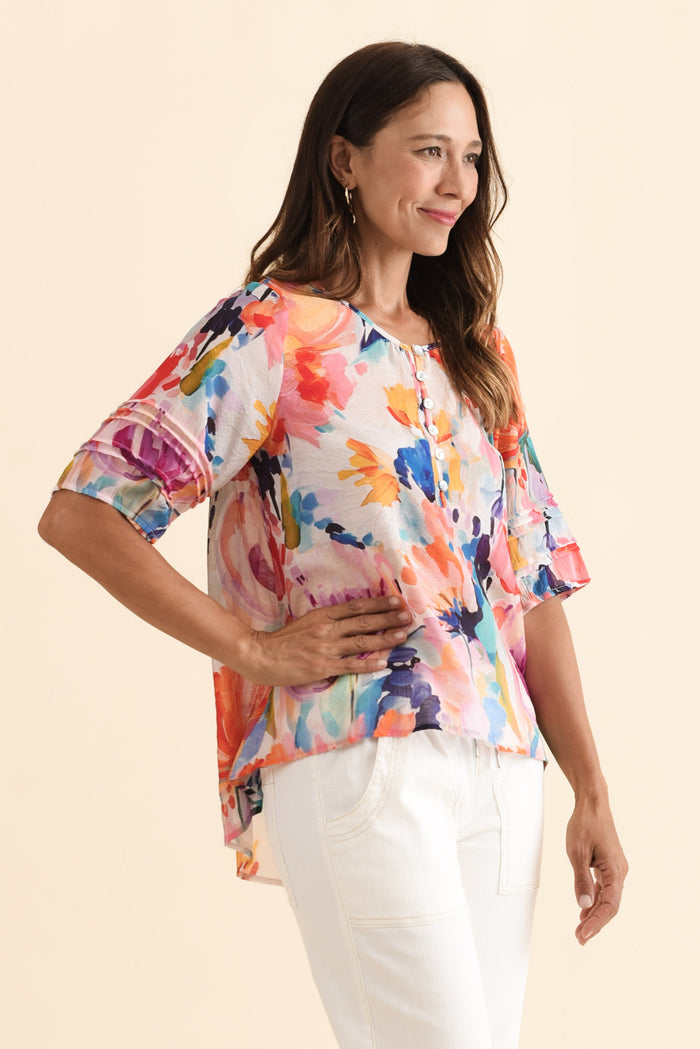 Paden Orange Floral Button Top,Brunette model,alt text|model:Cara