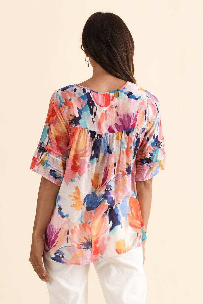 Paden Orange Floral Button Top,Brunette model,alt text|model:Cara
