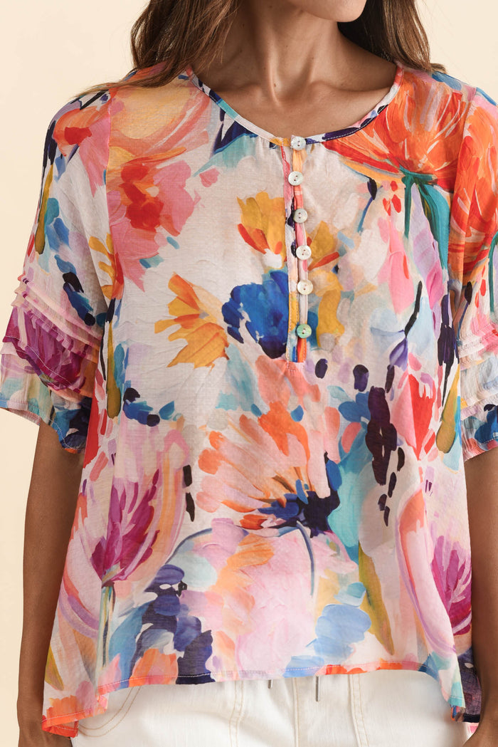 Paden Orange Floral Button Top,Brunette model,alt text|model:Cara