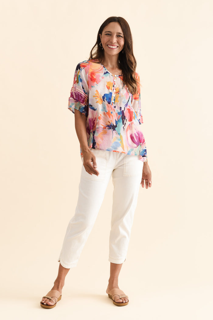 Paden Orange Floral Button Top,Brunette model,alt text|model:Cara