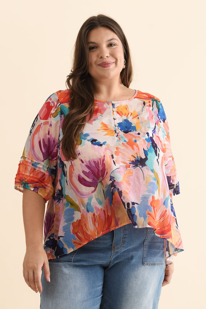 Paden Orange Floral Button Top,Brunette model,plus-size,curve-tops,plus-size-sleeved-tops,alt text|model:Gabby
