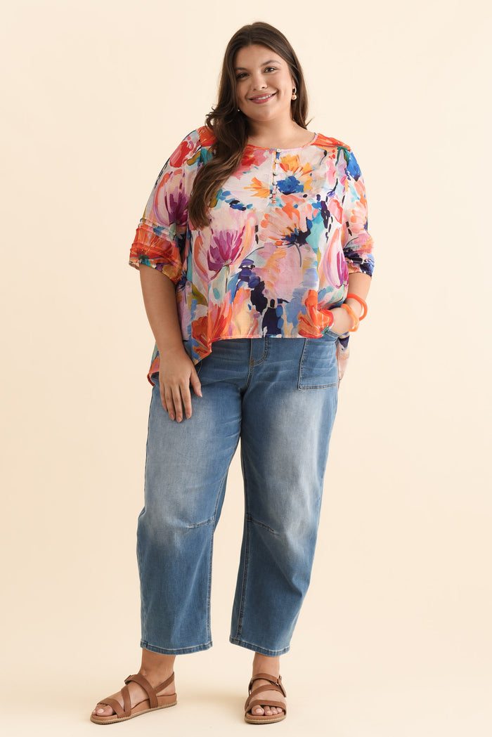 Paden Orange Floral Button Top,Brunette model,alt text|model:Gabby