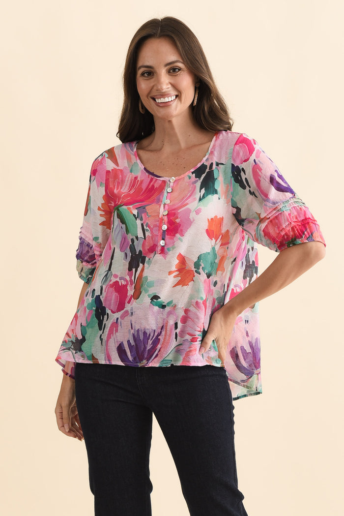 Paden Pink Floral Button Top,Brunette model,alt text|model:MJ