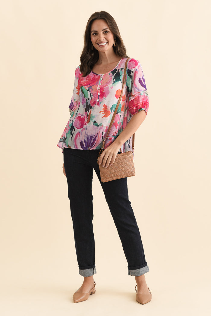 Paden Pink Floral Button Top,Brunette model,alt text|model:MJ
