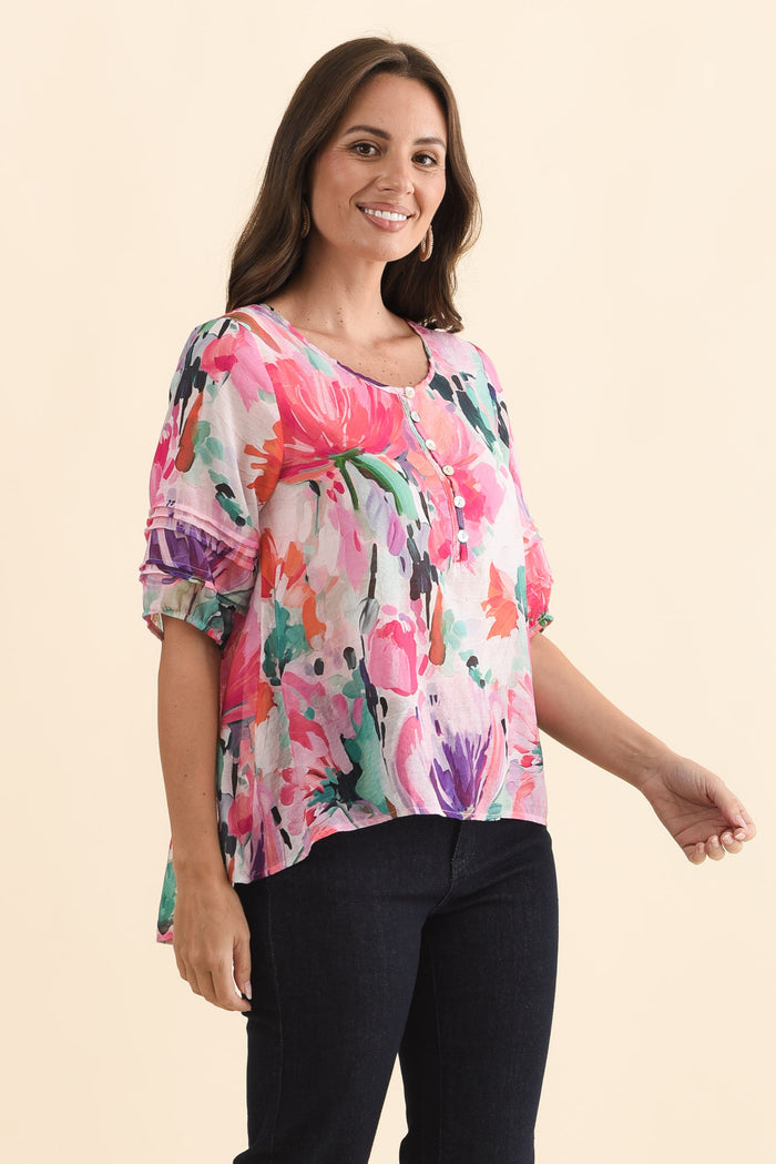 Paden Pink Floral Button Top,Brunette model,alt text|model:MJ