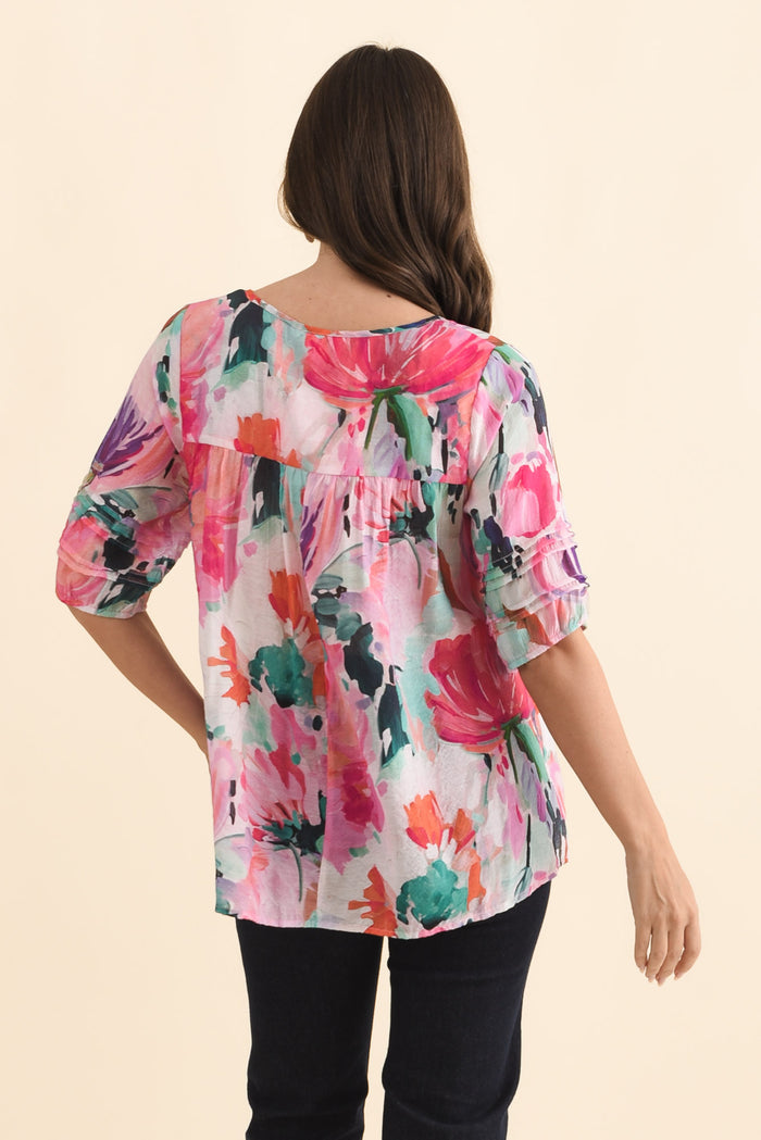 Paden Pink Floral Button Top,Brunette model,alt text|model:MJ