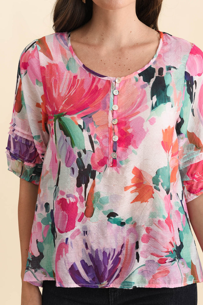 Paden Pink Floral Button Top,Brunette model,alt text|model:MJ
