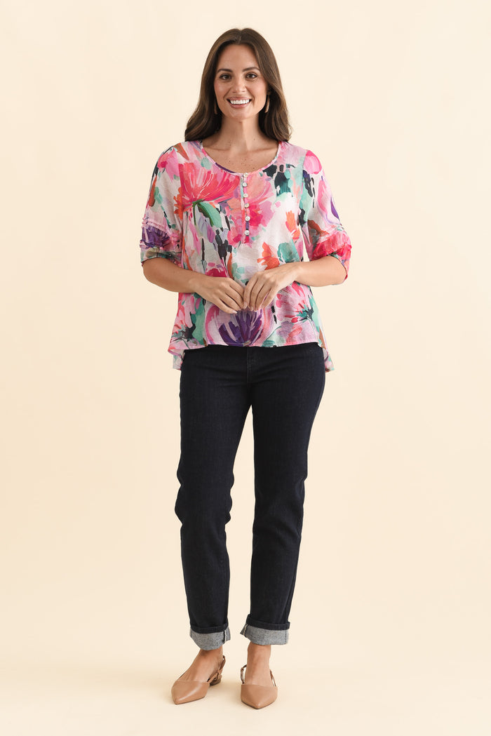 Paden Pink Floral Button Top,Brunette model,alt text|model:MJ