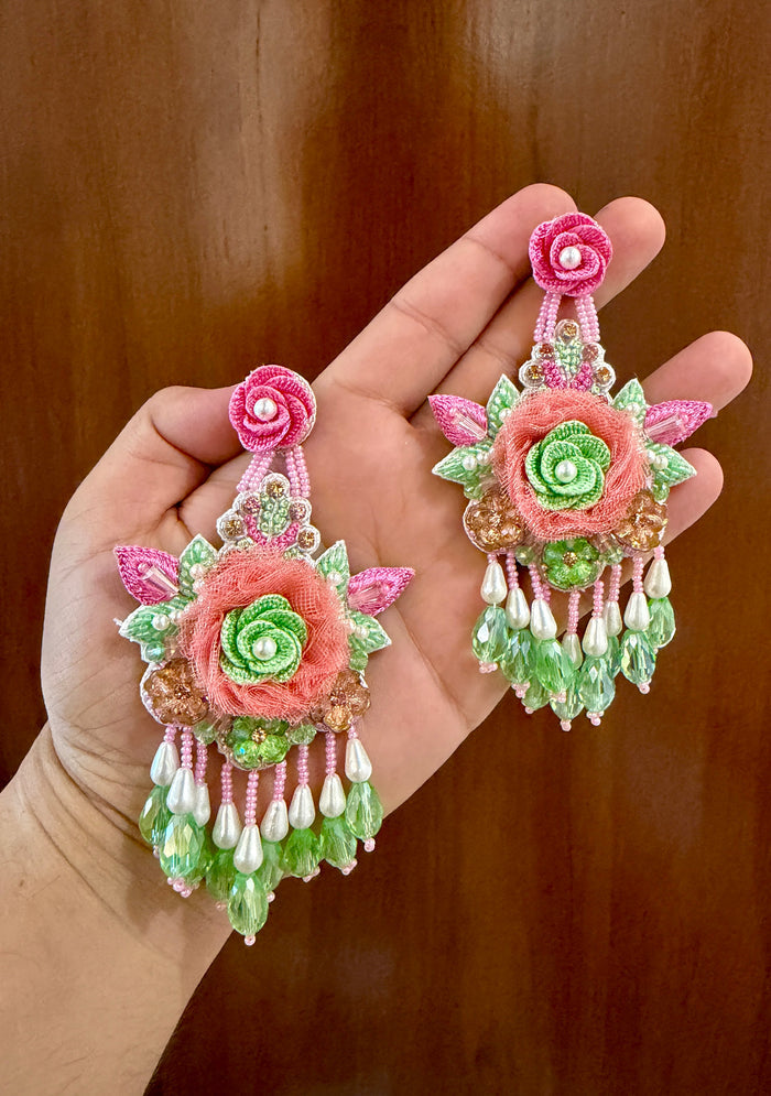 Peach & Green Floral Beaded Earrings with Pearl-Look Drops