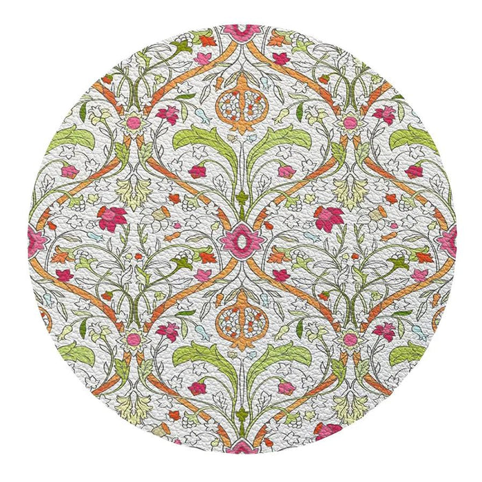 Round 16-inch pebbled vinyl placemat featuring a colorful floral and pomegranate pattern in pink, green, and orange on white.
