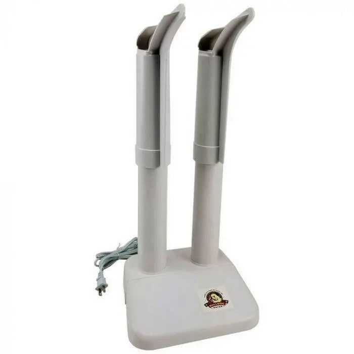 Peet Bulldog boot dryer in light gray with two vertical drying towers and an electric power cord on a white background.