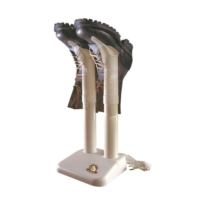 Peet Bulldog electric boot dryer in beige with two vertical drying ports holding a pair of brown leather work boots.