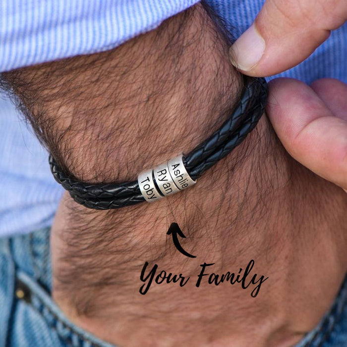 Personalized Mens Braided Genuine Leather Stainless Steel Custom Bracelet