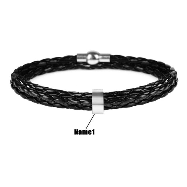 Personalized Mens Braided Genuine Leather Stainless Steel Custom Bracelet