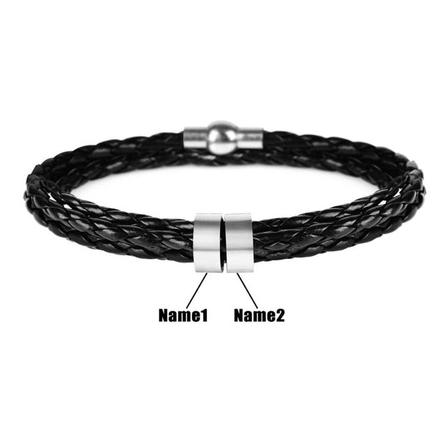 Personalized Mens Braided Genuine Leather Stainless Steel Custom Bracelet
