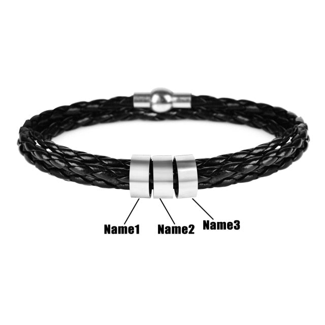 Personalized Mens Braided Genuine Leather Stainless Steel Custom Bracelet