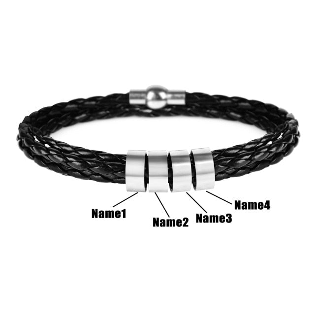 Personalized Mens Braided Genuine Leather Stainless Steel Custom Bracelet