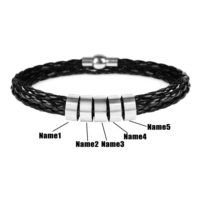 Personalized Mens Braided Genuine Leather Stainless Steel Custom Bracelet