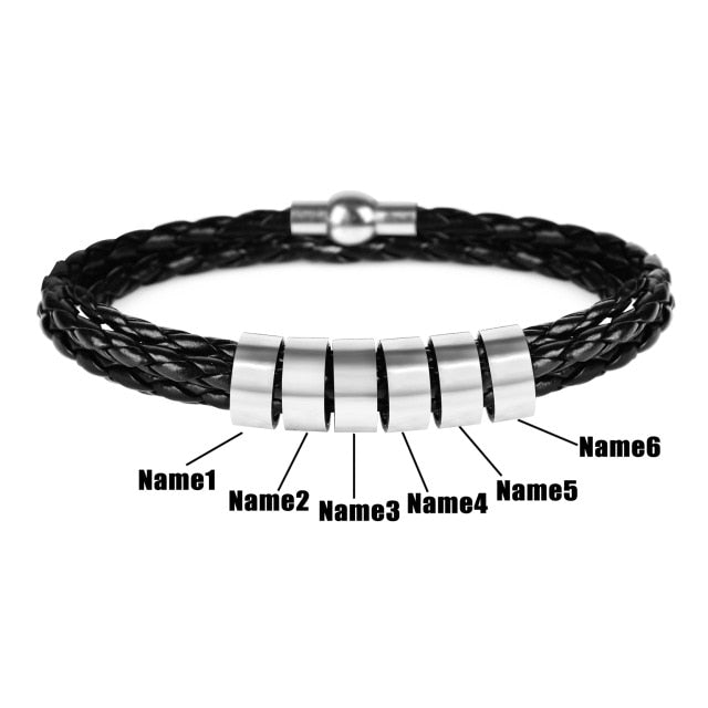 Personalized Mens Braided Genuine Leather Stainless Steel Custom Bracelet