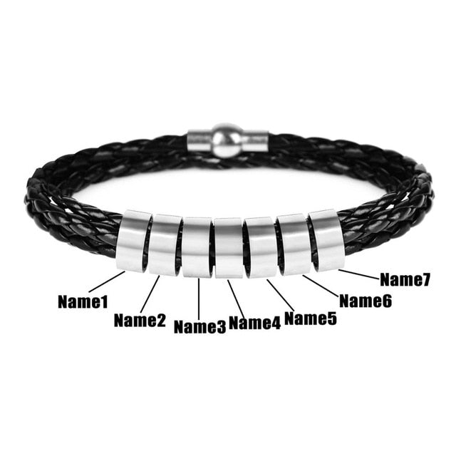 Personalized Mens Braided Genuine Leather Stainless Steel Custom Bracelet