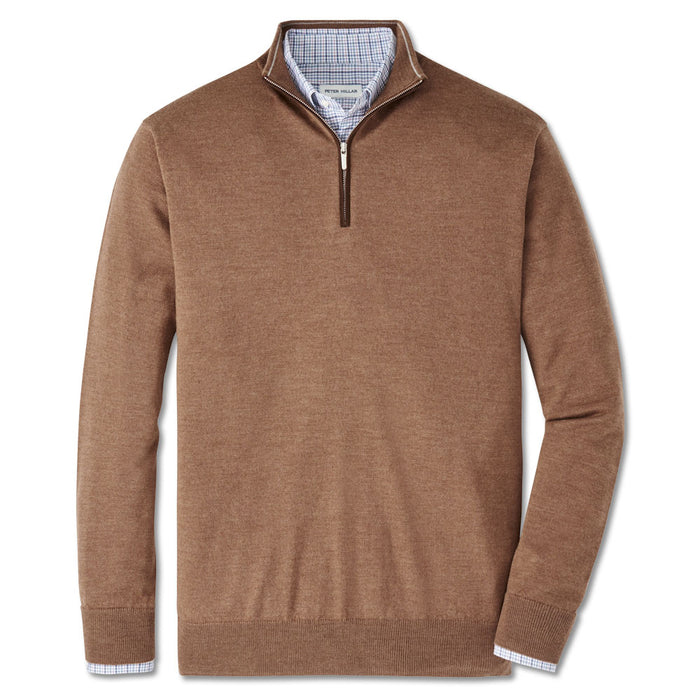 Brown Peter Millar Merino wool quarter-zip sweater with suede zipper trim and a blue gingham shirt collar.