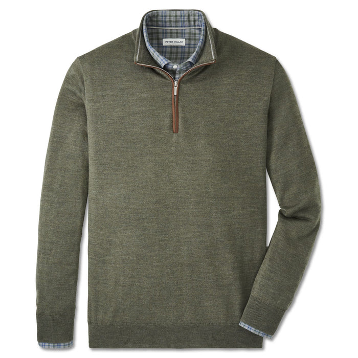 Olive green Merino wool quarter-zip sweater with brown suede zipper trim and a plaid shirt collar.