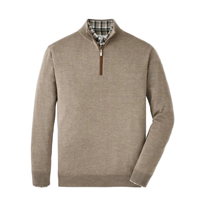 Tan Merino wool blend quarter-zip sweater with suede zipper trim and a plaid inner collar lining.