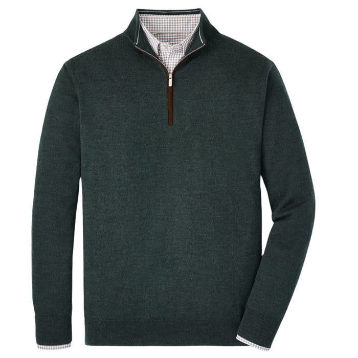 Dark green Merino wool quarter-zip sweater with suede zipper trim and a plaid shirt collar.