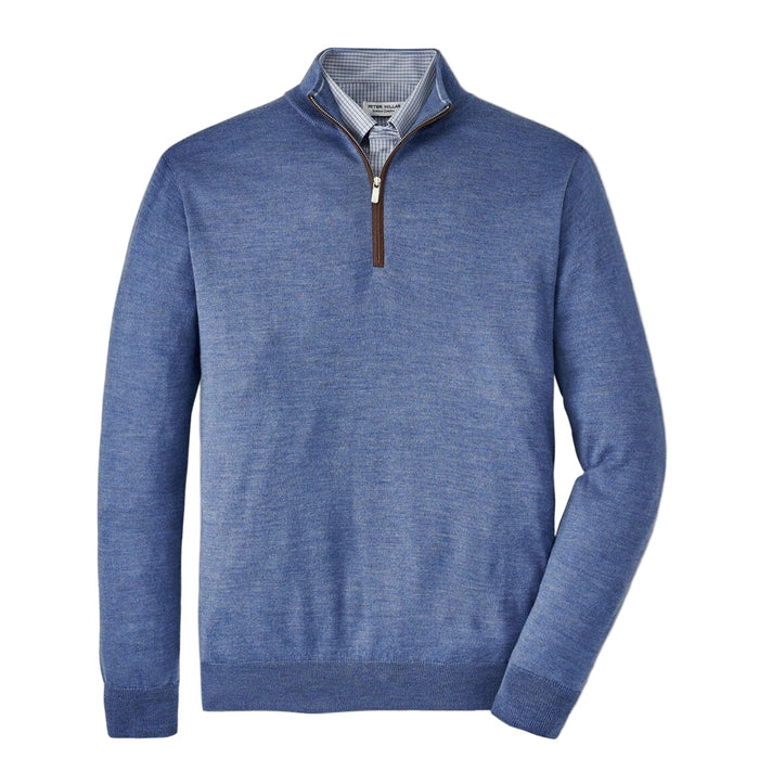 Blue Peter Millar Merino wool quarter-zip sweater with brown suede trim and a plaid shirt collar.