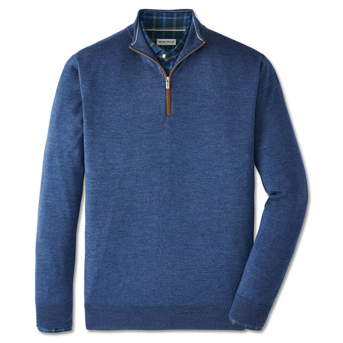 Blue Merino wool blend quarter-zip sweater with suede zipper trim and plaid shirt collar detail.