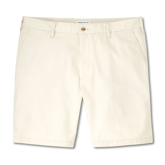 Peter Millar Crown Comfort beige shorts in a classic fit with an 8-inch inseam and soft stretch fabric.