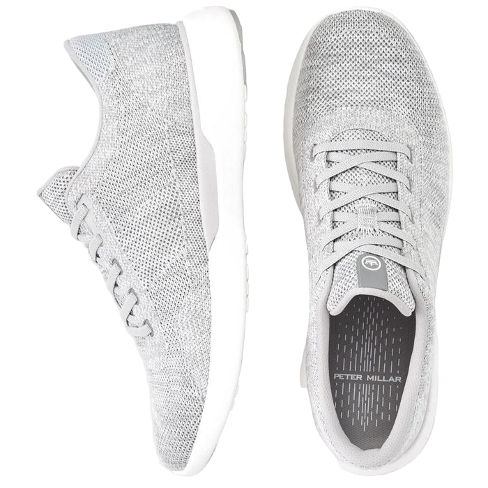 Peter Millar Glide V3 light grey mesh sneakers with white foam outsoles, shown from side and top-down views.