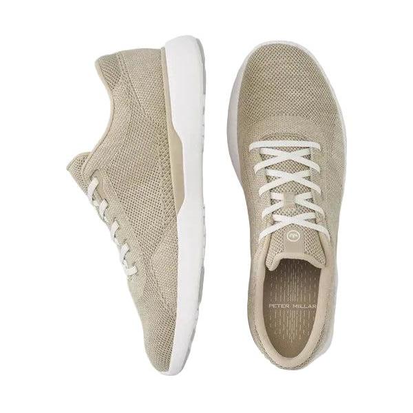 Beige Peter Millar Glide V3 mesh sneakers with white laces and a lightweight foam outsole, shown from side and top views.