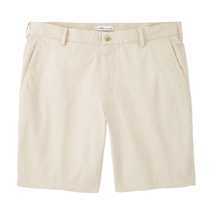 Beige Peter Millar Pilot Twill shorts in a classic fit, crafted from soft Pima cotton with an 8-inch inseam.