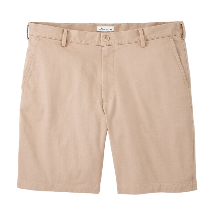 Peter Millar tan Pima cotton twill shorts with a classic fit, button closure, and 8-inch inseam.