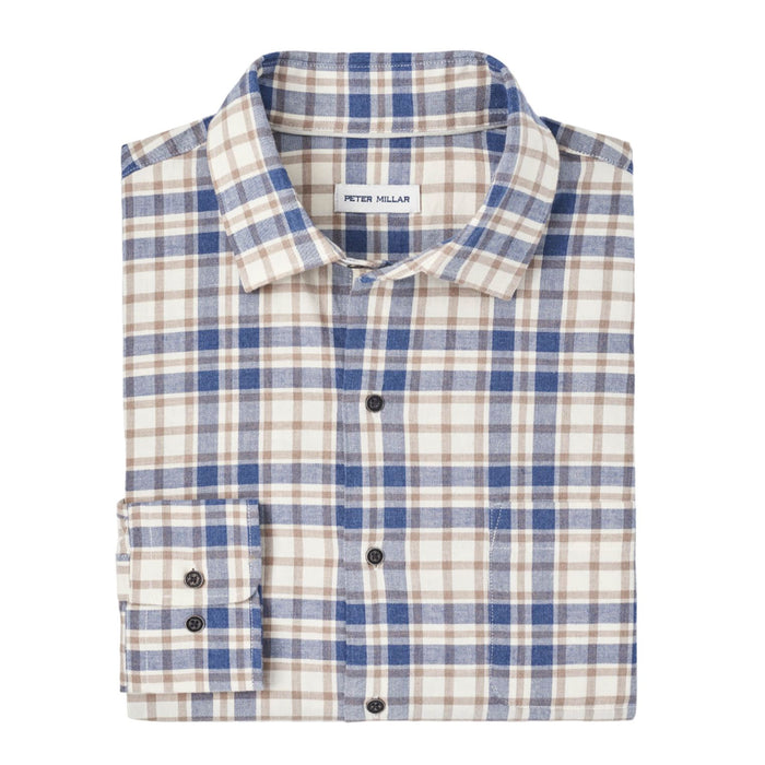 Peter Millar Whistler cotton twill sport shirt in a blue and tan plaid pattern with a spread collar and chest pocket.