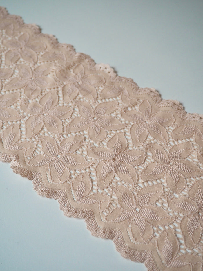 Pink Beige Hibiscus Scallop Stretch Lace Trim 14.5cm