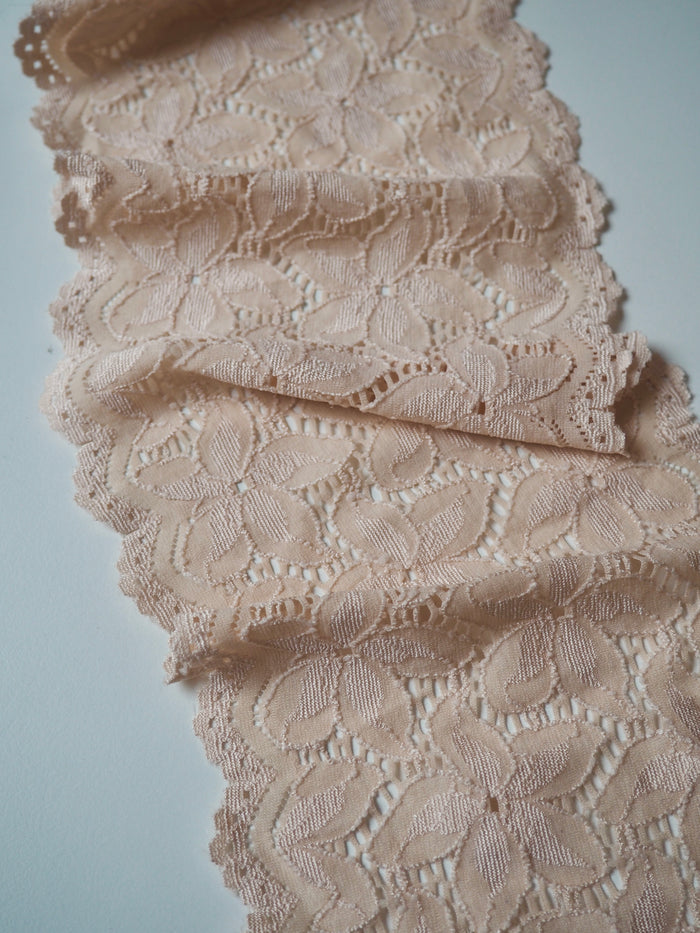 Pink Beige Hibiscus Scallop Stretch Lace Trim 14.5cm