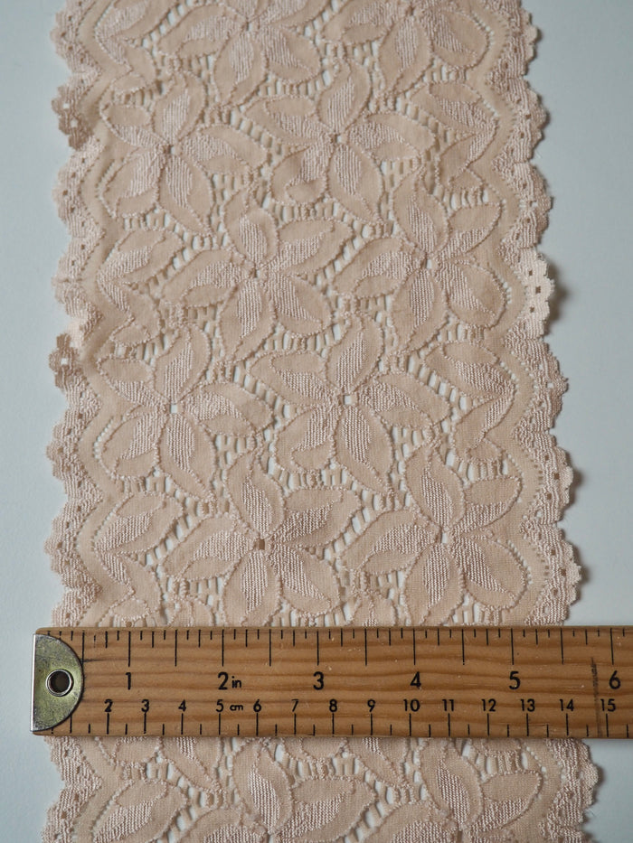 Pink Beige Hibiscus Scallop Stretch Lace Trim 14.5cm