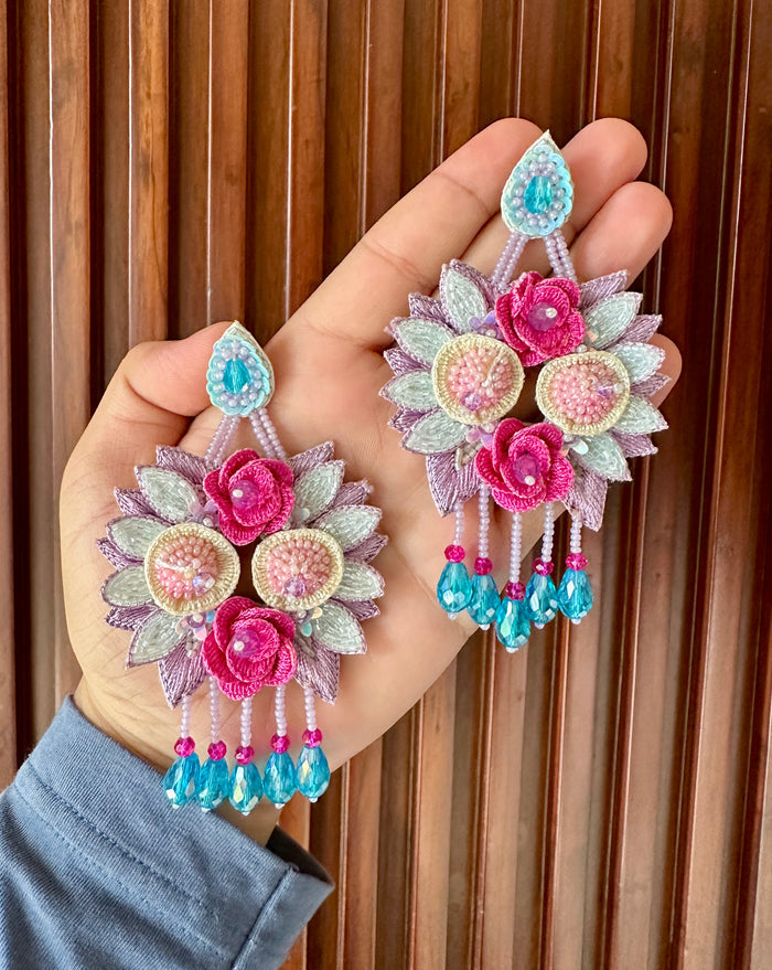Pink Rose & Aqua Drop Handmade Floral Earrings