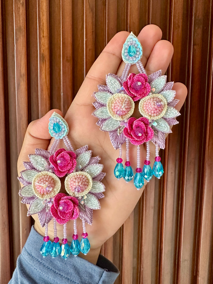 Pink Rose & Aqua Drop Handmade Floral Earrings