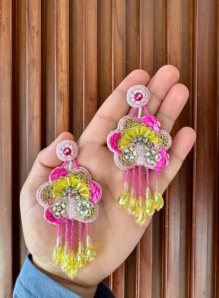 Pink & Yellow Floral Beaded Statement Earrings