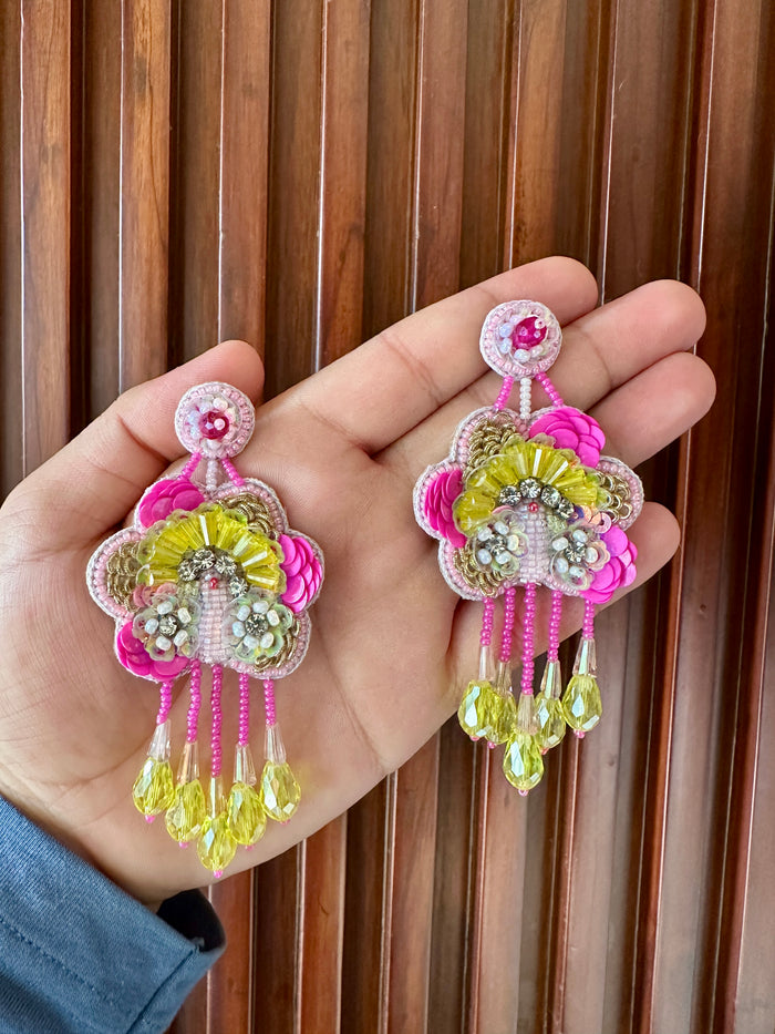 Pink & Yellow Floral Beaded Statement Earrings