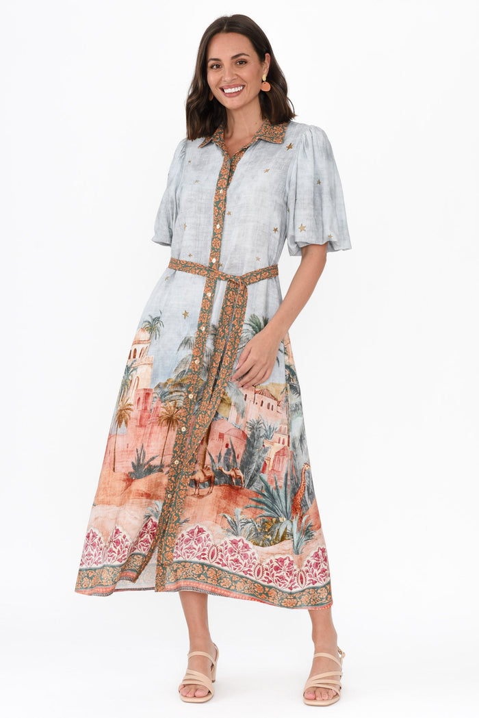 Piper Blue Palm Shirt Dress,Brunette model,alt text|model:MJ