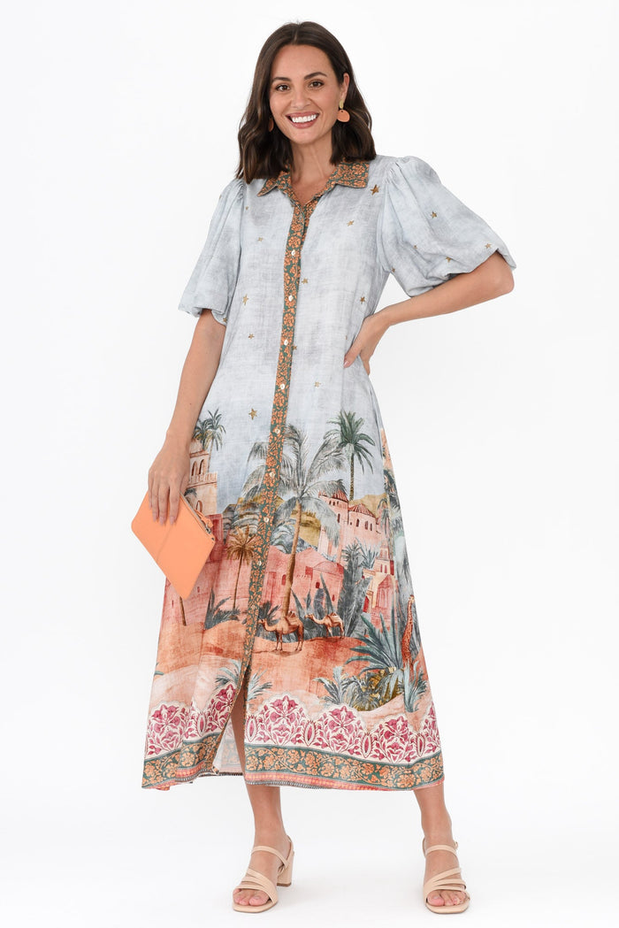 Piper Blue Palm Shirt Dress,Brunette model,alt text|model:MJ