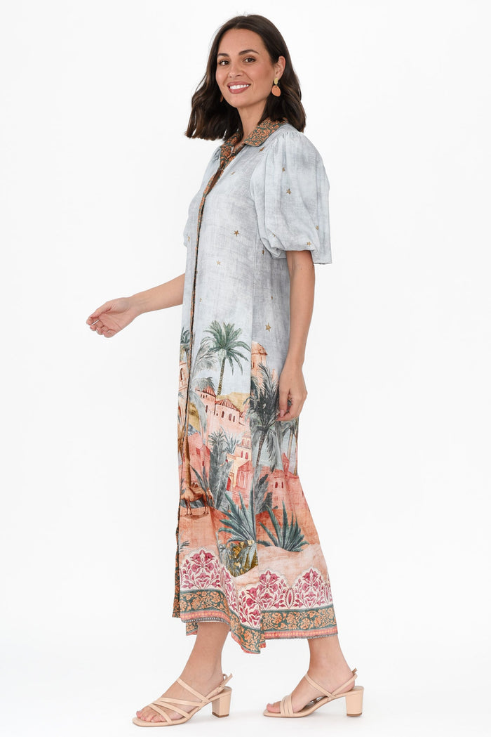 Piper Blue Palm Shirt Dress,Brunette model,alt text|model:MJ