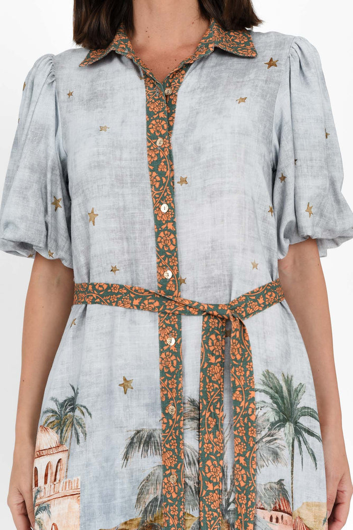 Piper Blue Palm Shirt Dress,Brunette model,alt text|model:MJ