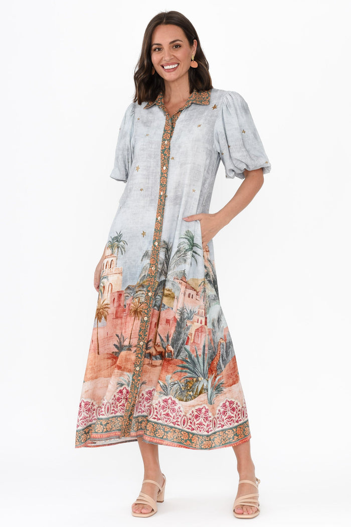 Piper Blue Palm Shirt Dress,Brunette model,alt text|model:MJ