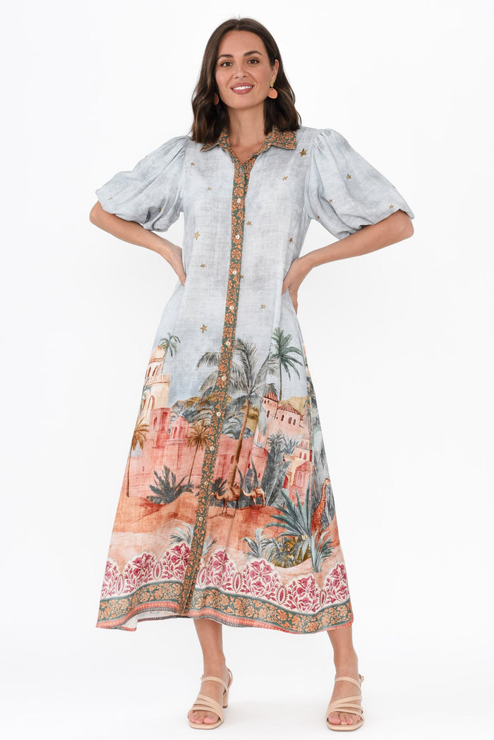 Piper Blue Palm Shirt Dress,Brunette model,alt text|model:MJ